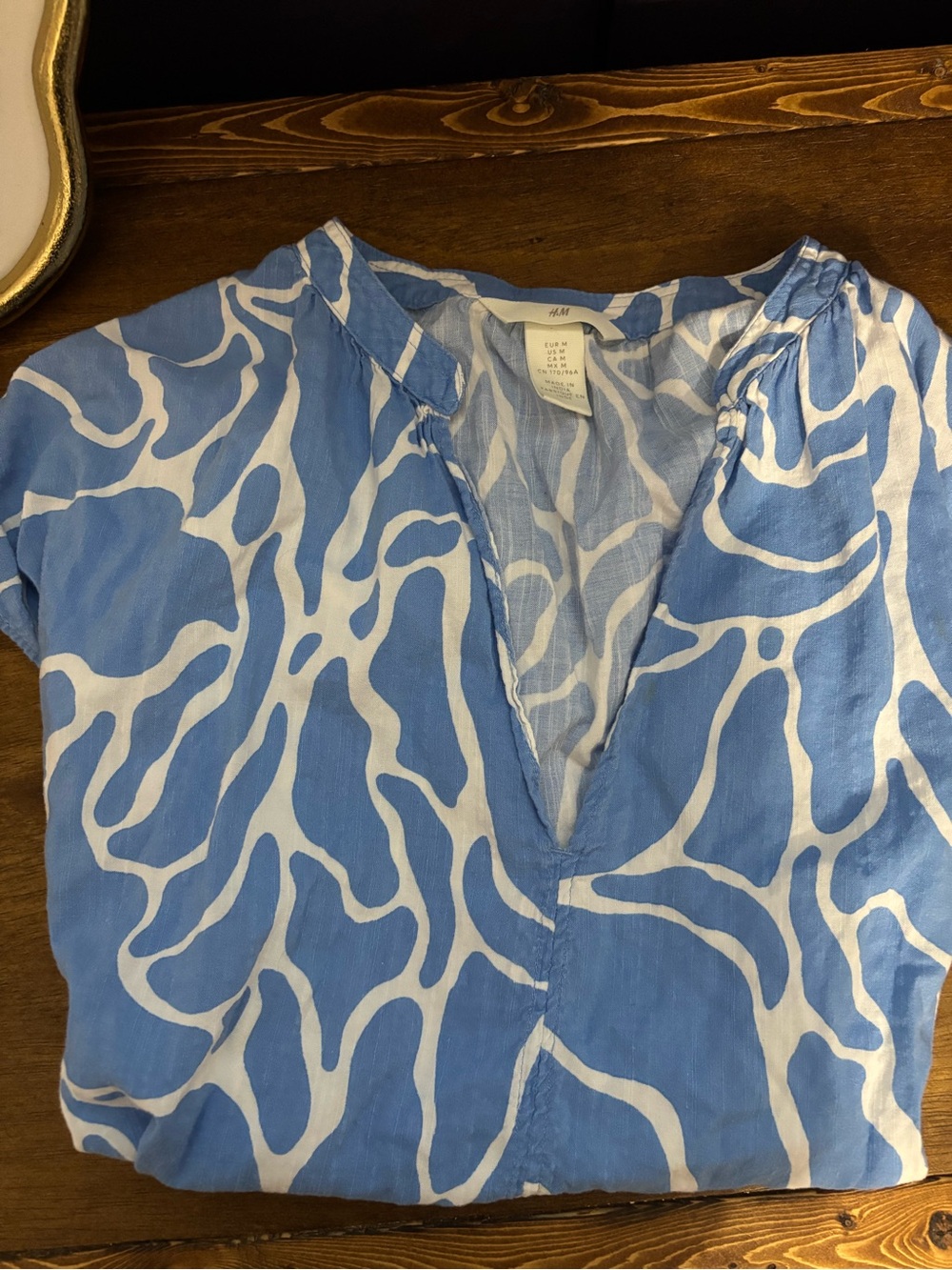 H&M Blue and White Abstract Print V-Neck Blouse